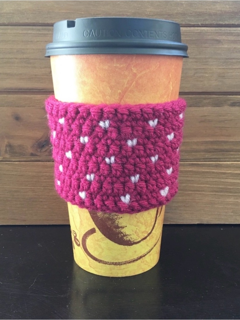 Handmade Women's Crochet Coffee Sleeve - Magenta with White Accents